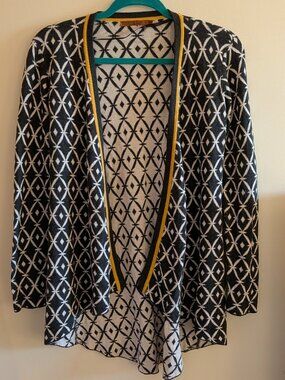 Belldini Open Front Cardigan, Grey & White with Yellow Trim, Sz M